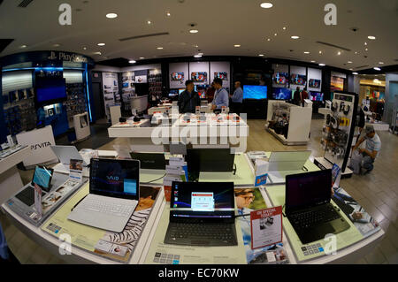 Fisheye lens image of shoppers in the Sony Store, Pacific Centre mall in downtown Vancouver, BC, Canada Stock Photo