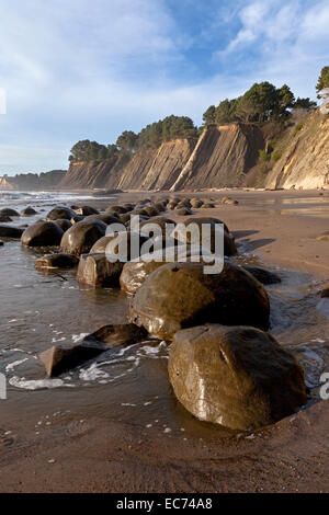 Spherical sandstone concretions on Bowling Ball Beach lie within Schooner Gulch State Beach along California's Mendocino coast. Stock Photo