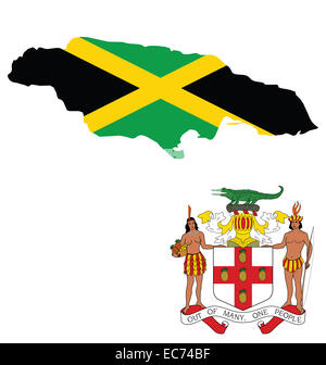 Flag and coat of arms of Jamaica overlaid on outline map Stock Photo