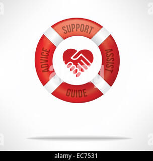 Customer service care and support concept with red lifebuoy with words advice, support, assist and guide and hand shake Stock Photo