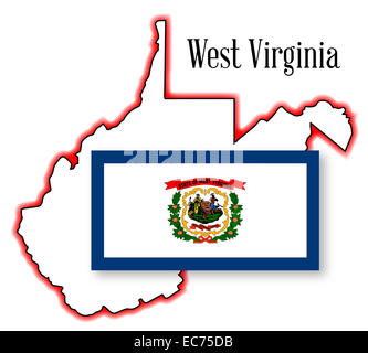 West Virginia Outline Map over a white background with flag inset Stock Photo