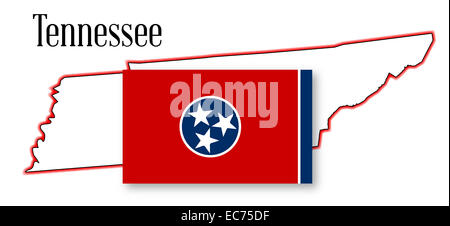 State map outline of Tennessee over a white background with flag inset Stock Photo