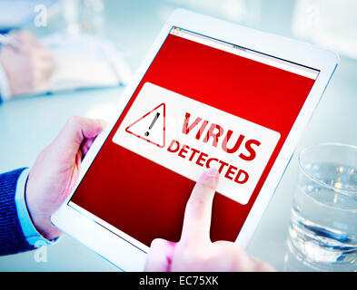 Man Using a Digital Tablet with Virus Stock Photo
