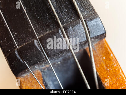 Macro view on violin strings and violin body. Stock Photo