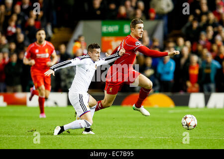 Jordan Henderson (Liverpool), Taulant Xhaka (Basel), DECEMBER 9, 2014 - Football / Soccer : Jordan Henderson of Liverpool and Taulant Xhaka of Basel battle for the ball during the UEFA Champions League Group Stage match between Liverpool and FC Basel at Anfield in Liverpool, England. (Photo by AFLO) Stock Photo