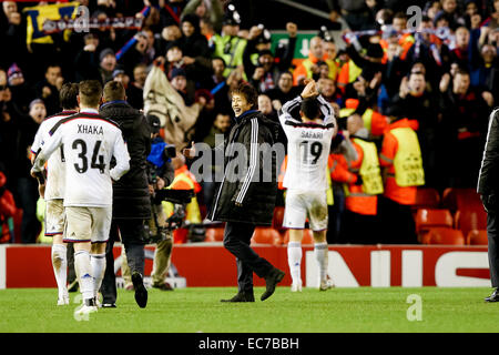 Yoichiro Kakitani (Basel), DECEMBER 9, 2014 - Football / Soccer : Yoichiro Kakitani of Basel celebrates their 1-1 draw with teammates at the final whistle during the UEFA Champions League Group Stage match between Liverpool and FC Basel at Anfield in Liverpool, England. (Photo by AFLO) Stock Photo
