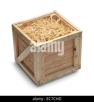 Open Shipping Crate with Straw Isolated on White Background. Stock Photo