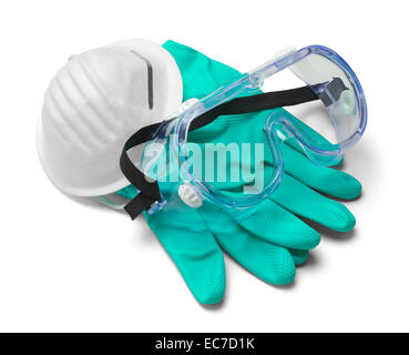 Mask, Gloves and Goggles in Pile Isolated on White Background. Stock Photo