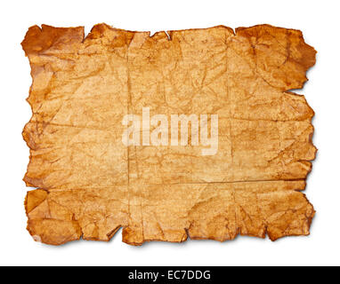 Worn Wrinkled and Ripped Old Brown Paper Isolated on White Background. Stock Photo