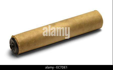 Old Brown Paper Scroll Rolled Up and Isolated on White Background. Stock Photo