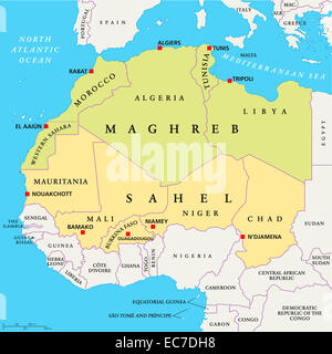 Maghreb and Sahel Political Map with capitals and national borders. English labeling and scaling. Stock Photo
