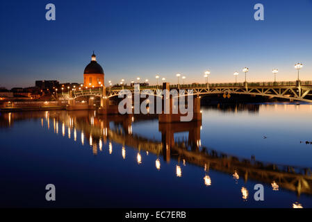 Night Shot of the Pont Saint Pierre Bridge Saint Joseph Dome and River Garonne Toulouse Haute-Garonne France Stock Photo
