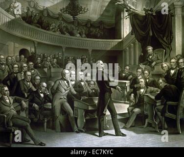The United States Senate. Senator Henry Clay speaking about the Compromise of 1850 in the Old Senate Chamber. Daniel Webster is seated to the left of Clay and John C. Calhoun to the left of the Speaker's chair. Stock Photo
