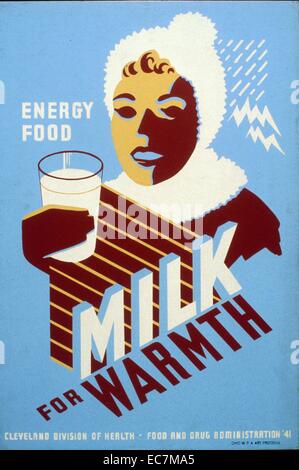Milk - for warmth, energy, food. Poster for Cleveland Division of Health promoting milk, showing a woman wearing winter clothing holding a glass of milk. Stock Photo