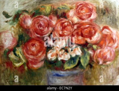 Pierre-Auguste Renoir (1841-1919) Still Life of Roses in a Vase, oil on canvas.  Towards the end of his life Renoir painted a large number of still life's of flowers.  These included a series of roses in round bowls.  They were painted quickly and show the artist making bold experiments with colour and tone, within the confines of a modest composition. Stock Photo