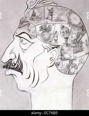 Frenzylogical chart. World War I cartoon drawing is a phrenological chart of the German brain. Oliver Herford represents Humanity, Veneration, Love of nature, Modesty, Imagination, Generosity, Compassion, Sympathy, Chivalry, Integrity, and Love of children in satirical ways. This cartoon appeared in Life as the atrocities of war mounted but before the United States entered World War I. Stock Photo