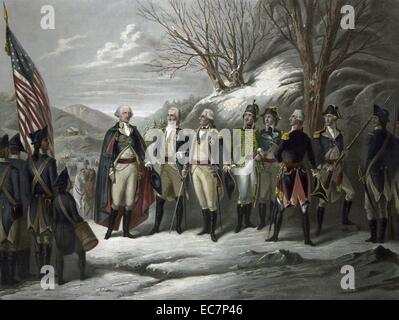Die Helden der Revolution. General Washington standing with Johann De Kalb, Baron von Steuben, Kazimierz Pulaski, Tadeusz Kosciuszko, Lafayette, John Muhlenberg, and other officers during the Revolutionary War. Stock Photo
