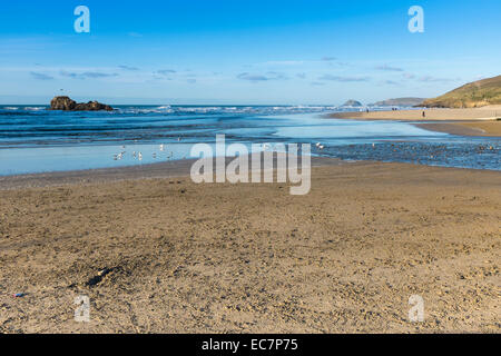 Perranporth Beach, at Perranporth on the north Atlantic coast of the county of Cornwall in south west England. Stock Photo