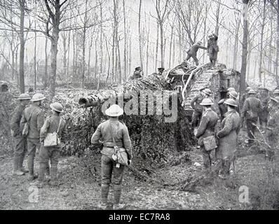 British tank tows a german field cannon captured on the western front during world war one, 1918 Stock Photo