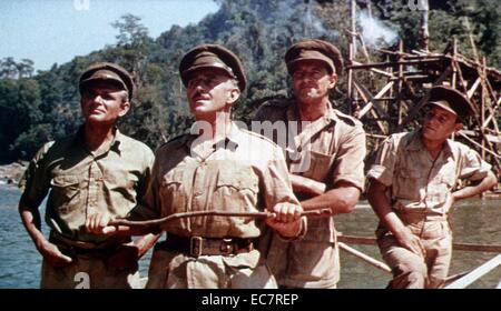 The Bridge on the River Kwai is a 1957 British World War II film directed by David Lean, based on the French novel by Pierre Boulle. The film is a work of fiction but borrows the construction of the Burma Railway in 1942–43 for its historical setting. It stars William Holden and Jack Hawkins. Stock Photo