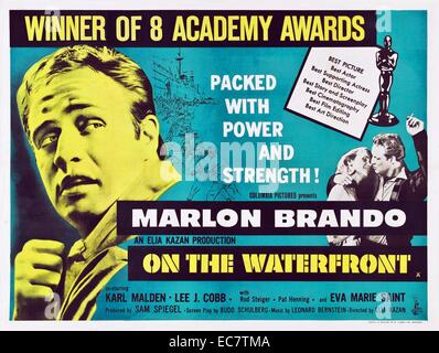 On the Waterfront is a 1954 American crime drama film about union violence and corruption among longshoremen. Directed by Elia Kazan and starring Marlon Brando the film was based on Crime on the Waterfront - a series of articles published in the New York Stock Photo