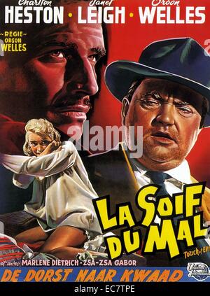 Touch of Evil is a 1958 American crime thriller film, written, directed by, and co-starring Orson Welles. The screenplay was loosely based on the novel Badge of Evil by Whit Masterson. Also starring Charlton Heston, Janet Leigh and Marlene Dietrich. Stock Photo