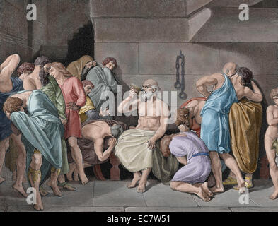 Socrates (c.469-399 BC). Classical Greek philosopher. The Death of Socrates. He was sentenced to die by drinking poison hemlock. Engraving. 19th century. Colored. Stock Photo