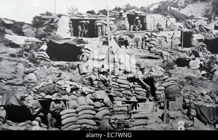 Sandbagged Australian troop positions at the Battle of Gallipoli. Stock Photo