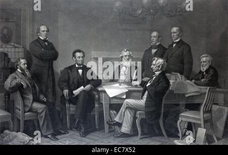 The first reading of the Emancipation Proclamation before the cabinet' Re-enactment of Abraham Lincoln signing the Emancipation Proclamation on July 22, 1862. Depicted, from left to right are: Edwin M. Stanton, Secretary of War, Salmon P. Chase, Secretary of the Treasury, President Lincoln, Gideon Welles, Secretary of the Navy, Caleb B. Smith, Secretary of the Interior, William H. Seward, Secretary of State, Montgomery Blair, Postmaster General, and Edward Bates, Attorney General. Stock Photo