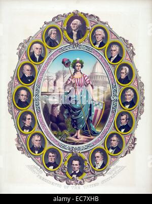 Presidents of the United States' A large print probably issued around the time of Abraham Lincoln's inauguration. Columbia stands before the U.S. Capitol, holding a shield and a staff with a liberty cap. On her brow she wears a laurel wreath with a single star. Beside her is an eagle, holding a streamer with the motto 'E Pluribus Unum.' A steamship is visible in the background left. The central scene is framed by oval portraits of the first sixteen presidents of the United States, with George Washington at the top and a beardless Abraham Lincoln at the bottom. Stock Photo