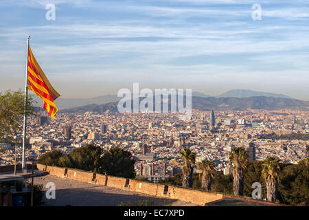 Aerial view of Barcelona city with flag of Spain Stock Photo