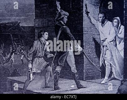 The Capture of Fort Ticonderoga occurred during the American Revolutionary War on May 10, 1775, when a small force of Green Mountain Boys led by Ethan Allen and Colonel Benedict Arnold overcame a small British garrison at the fort. print showing Ethan Allen demanding the fort's surrender Stock Photo