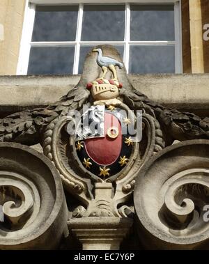 detail showing heraldic badges within St John's College at the University of Oxford; Oxford; England. Founded in 1555 by the merchant Sir Thomas White, intended to provide a source of educated Roman Catholic clerics to support the Counter-Reformation under Queen Mary. Stock Photo