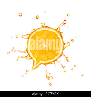 Orange in shape of dialog box with water drops isolated on white Stock Photo