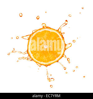 Slice of orange with juice splash isolated on white Stock Photo