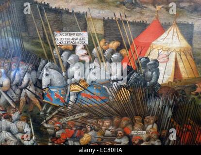 (detail from) The battle of Pavia painted 1525-1530 oil on wood by an unknown artist. The Battle of Pavia, 24 February 1525, was the decisive engagement of the Italian War of 1521–26. A Spanish-Imperial army attacked the French army under the personal command of Francis I of France. the French army was split and defeated Stock Photo