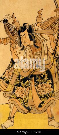 Japanese hand coloured woodcut. Image shows the actor Ichikawa Monnosuke, he's depicted with a sword in the pose of the Thunder God. Created between 1772 and 1781. Stock Photo