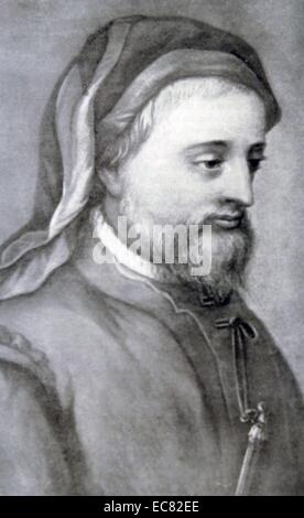 Engraving of Geoffrey Chaucer (1343-1400) Father of English literature, is widely considered the greatest English poet of the Middle Ages and was the first poet to be buried in Poet's Corner of Westminster Abbey. Dated 14th Century Stock Photo