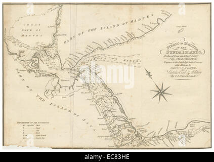 A 1812 map of the Strait of Madura, located between Java and Madura Island in Indonesia. This map highlights the region’s maritime routes and surrounding islands, providing important geographical information. Stock Photo