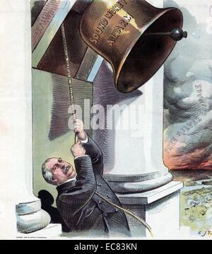 Sounding the tocsin 1895. President Cleveland pulling on a rope labelled 'Cleveland's letter to the Citizens of Chicago', ringing a bell labelled 'Sound Money Alarm', to warn them that dark smoke labelled 'Free Silver Coinage' from a raging fire is bearing down upon them. Stock Photo