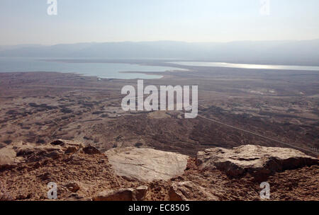 View of a model of Masada. Masada is an ancient fortification in the Southern District of Israel situated on top of an isolated rock plateau on the edge of the Judean Desert; overlooking the Dead Sea. Herod had built Palaces for himself on the mountain and fortified Masada between 37 and 31 BCE. Stock Photo