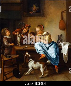 Painting titled 'The Dancing Lesson' depicts children teaching a cat to dance. Painted by Jan Havicksz Steen (1625-1679). Dated 17th Century Stock Photo