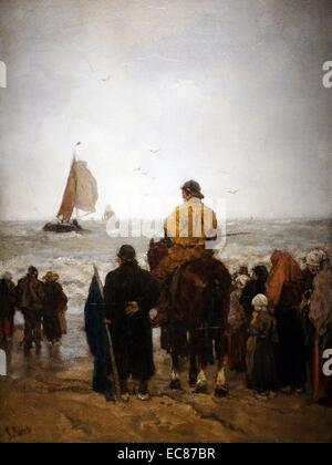 Painting titled 'Arrival of the Boats' painted by Jacob Maris (1837-1899) Dutch painter, who with his brothers Willem and Matthijs belonged to what has come to be known as the Hague School of painters. Dated 1884 Stock Photo