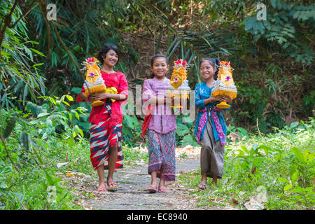 Three girls walking to the temple with offerings for a ceremony on the head, Bali, Indonesia Stock Photo