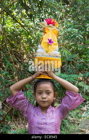 One girl on the way to the temple with offerings for a ceremony on the head, Bali, Indonesia Stock Photo