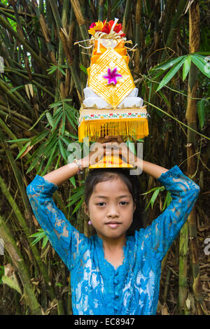 One girl on the way to the temple with offerings for a ceremony on the head, Bali, Indonesia Stock Photo