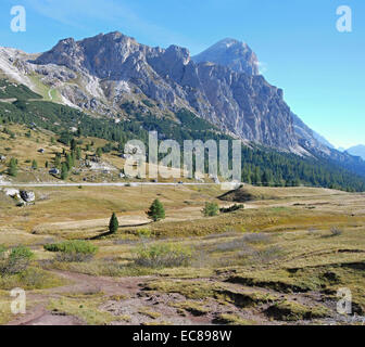 dolomitian mountain group called Tofane (Rozes and Tofana di Rozes peak) from Passo Falzarego Stock Photo