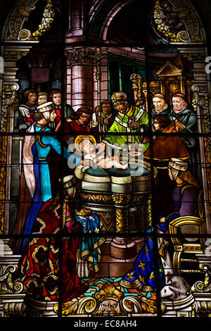 Mauritius, Port Louis, St Louis catholic Cathedral, baptism stained glass window Stock Photo