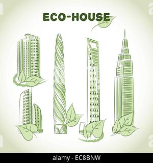 Eco green buildings icons of skyscrapers isolated sketch vector ...