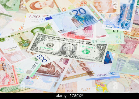 International currency banknotes, focus on US dollar Stock Photo